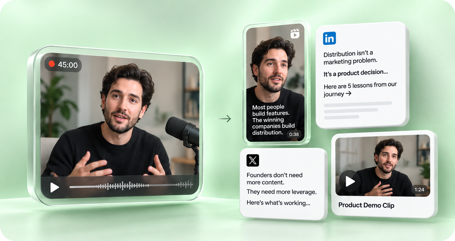 One founder interview transformed into a captioned clip, LinkedIn post, X post and product clip, shown as glass content cards.
