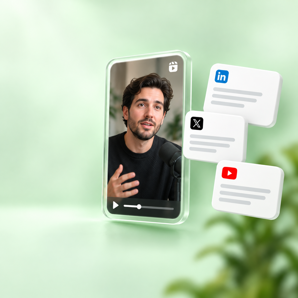 Illustrative captioned founder clip alongside LinkedIn, X and YouTube content